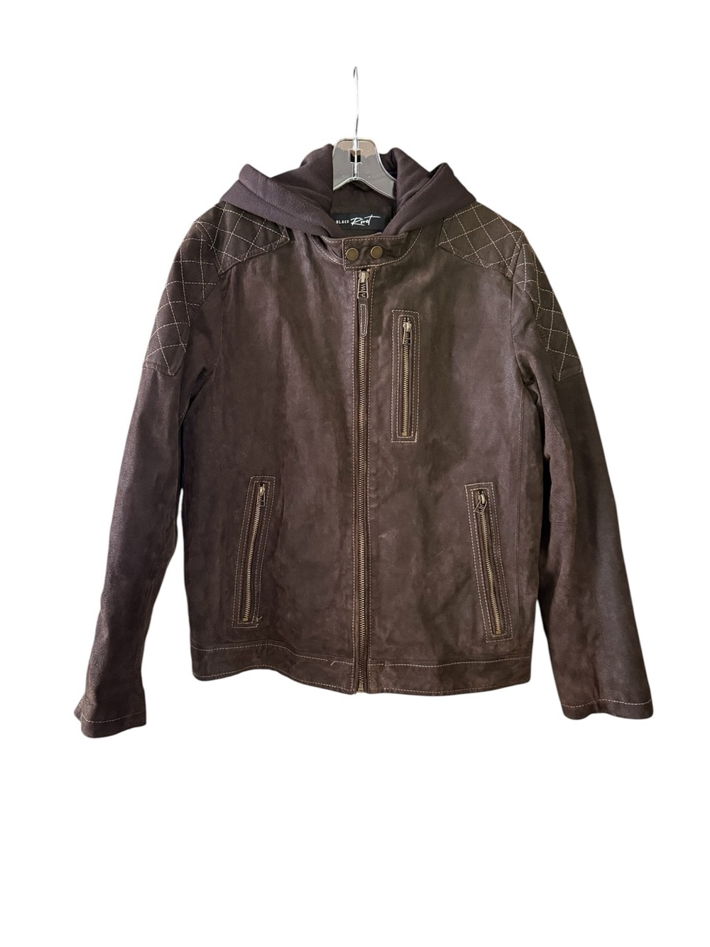 Black Rivet Genuine Leather Moto Jacket Brown Hooded Zip Out Bib Mens Small